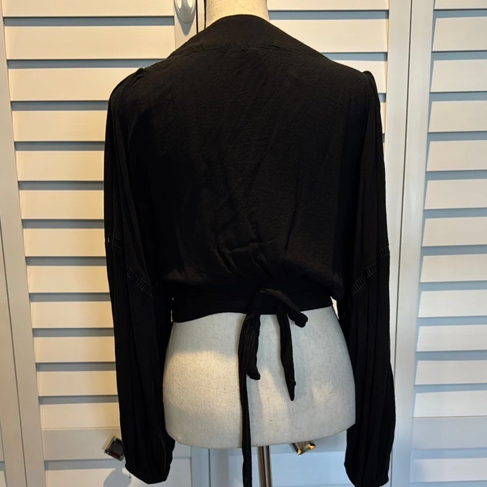 Free People Black Puff Sleeve Wrap Blouse